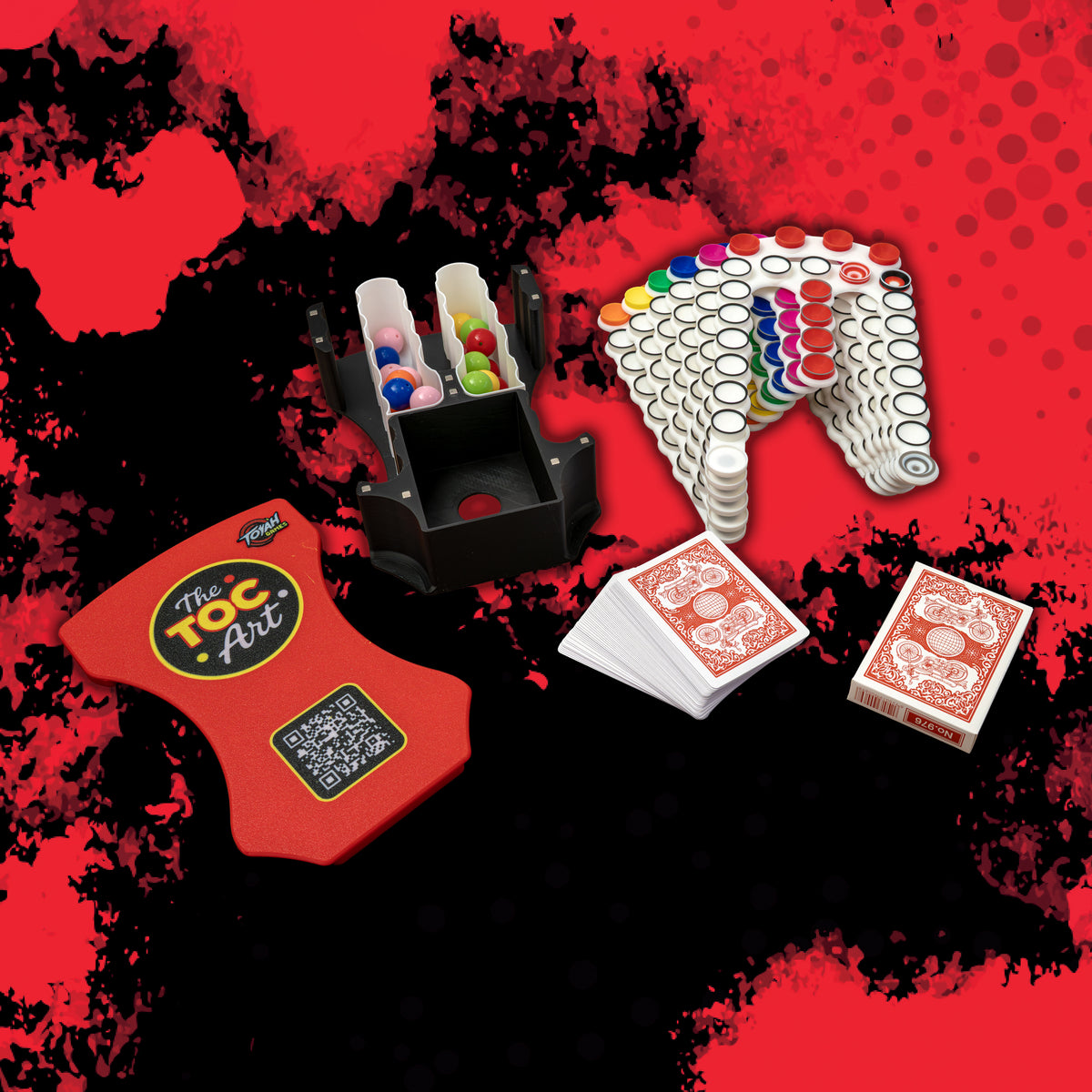 Contenu du jeu The Toc Art : plateau rouge, rangement à billes, plateaux et cartes